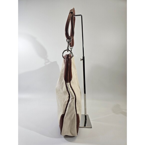 VINTAGE Lands' End XL Off-White Saddle Tote Shoulder Bag Leather Canvas Purse - Picture 6 of 11